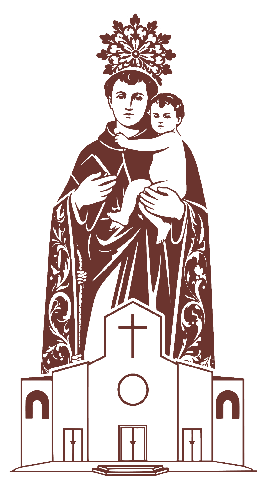 Imagem de Santo Antônio com o Menino Jesus e a igreja da paróquia
